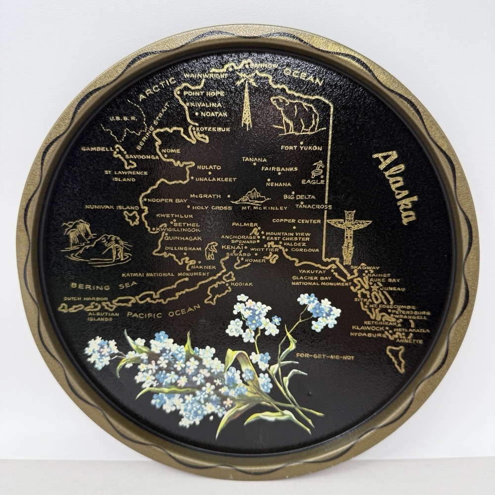 Vintage Alaska State Tray MCM Kitschy Barware Graphic Souvenir Decor Platter